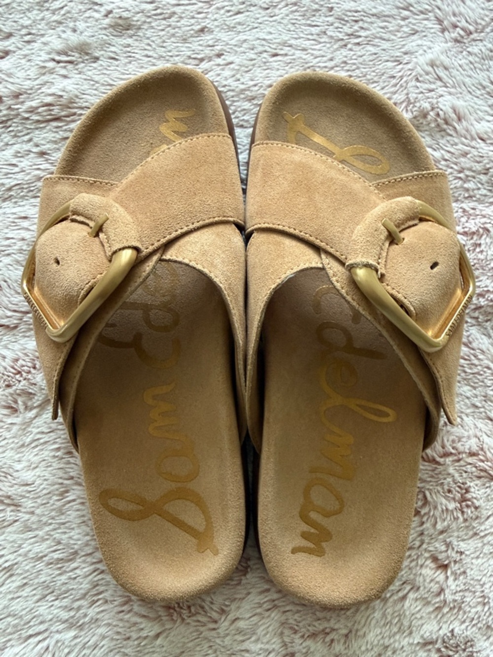 Sam Edelman Camel Suede Slide Sandals with Gold Buckles